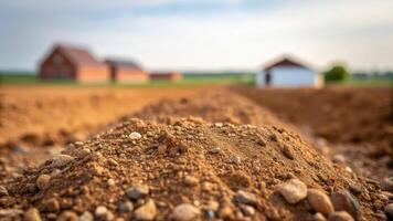 A dirt field with a farm house in the background photo