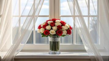A vase of red and white roses sitting on a window sill photo