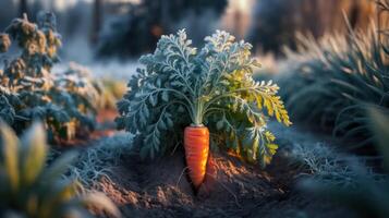 A carrot growing in the middle of a field photo