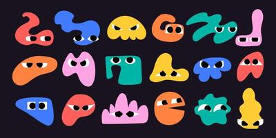 Colorful Doodle Abstract Geometrical Shapes of Blobs with Faces. Hand drawn organic multicolored funny cartoon avatars. Happy decorative emoticons for kids vector
