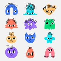 Collection of Colorful Doodle Abstract Geometrical Shapes of Blobs with Faces. Hand drawn organic multicolored funny cartoon avatars. Happy decorative emoticons for kids vector