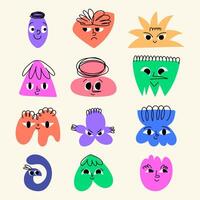 Set of Colorful Doodle Abstract Geometrical Shapes of Blobs with Faces. Hand drawn organic multicolored funny cartoon avatars. Happy decorative emoticons for kids vector