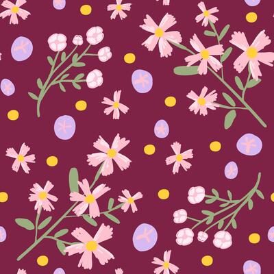 Maroon background with pink flowers, yellow centers, green leaves, purple shapes, and yellow dots, forming a floral pattern for crafts.