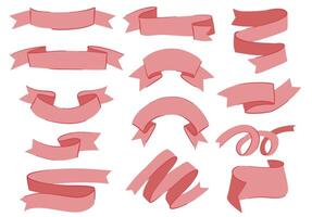 Collection of hand-drawn pink ribbon banners in various shapes and styles, perfect for decorations, invitations, labels, and graphic design projects. vector