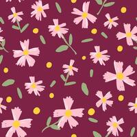 Maroon background with pink flowers, yellow centers, green leaves, and scattered dots, creating a floral pattern for decor. vector