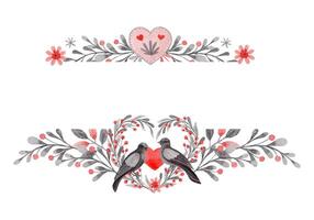 Horizontal border with dove couple and copy space in folk style. Stylized illustration in red and gray colors for wedding invitation. Hand drawn composition is perfect for romantic and love design. vector