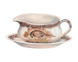 Sauce boat with plate tableware in watercolor vintage style. Porcelain dishware with pheasant bird print. Hand drawn serving illustration. Ideal for template design. Ceramic art for greeting card. vector