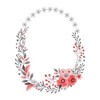 Oval wreath with brunch and flower in folk style. Stylized illustration in red and gray colors for wedding invitation creating. Hand drawn composition is perfect for romantic and love card design. vector