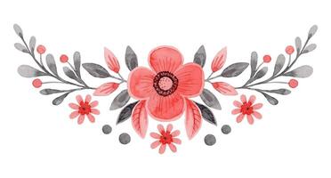 Wide arrangement with flower and twig in folk style. Stylized illustration in red and gray colors for wedding invitation creating. Hand drawn composition is perfect for romantic and love designs. vector