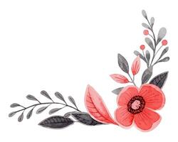 Corner composition with flower and leaf in folk style. Stylized illustration in red and gray color for wedding invitation creating. Hand drawn arrangement is perfect for romantic and love designs. vector