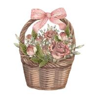Vintage easter rose basket flower with ribbon in watercolor style. Soft pastel artwork in pink and brown tones is ideal for card design print and poster template. Hand drawn illustration for spring. vector