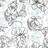 Cloudberry raspberry flying in water splashes with drops, ice cubes, hand drawn ink, line forest berry leaves. Seamless pattern illustration for restaurant, cafe menu, wedding, farmers market vector
