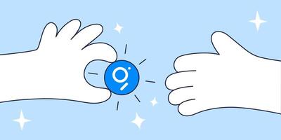 Illustration of a The Graph GRT Transaction Hands Exchanging a Blue Cryptocurrency Token, Representing Digital Data Querying and Blockchain Technology vector