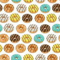 Food pattern design. Colorful Donuts background. Seamless pattern with donuts. Donut pattern for fabric, wrapping paper, packaging, coffee and bakery shops. Hand Drawn illustration. vector