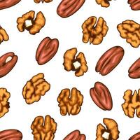 Nuts seamless pattern. Walnuts Pecan background. Organic food concept. Nuts pattern for fabric, packaging, coffee and bakery shops. Hand Drawn illustration. vector