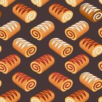 Food pattern design on black . Donuts background. Seamless pattern with donuts. Donut pattern for fabric, wrapping paper, packaging, coffee and bakery shops. Hand Drawn illustration. vector