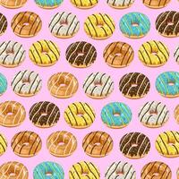 Food pattern design seamless. Donuts background. Seamless pattern with donuts. Donut pattern for fabric, wrapping paper, packaging, coffee and bakery shops. Hand Drawn illustration. vector