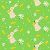 Seamless bright spring or summer floral pattern, background with cute bunny, carrots and daisy flowers. vector