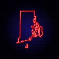 Neon map State of Rhode Island on brick wall background. vector