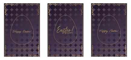 Easter banner set with golden foil pattern on purple background vector
