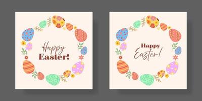 Two cards with colorful eggs and flowers vector