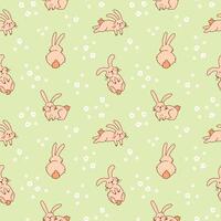 Cute Fluffy Bunnies Hand Drawn Seamless Pattern. Adorable Rabbits Frolic in Meadow. Playful Cartoon Background for Nursery Wallpaper, Easter Wrapping Paper, and Digital Projects vector