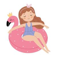 Cute girl in a swimsuit on an inflatable circle in the shape of a flamingo. Summer illustration. vector