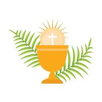 Golden Chalice with Eucharist Host and Cross Symbol with Palm Leaves Religious Sacrament Concept vector