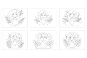 Set of Elegant Line Art Portraits of Women with Natural Elements vector