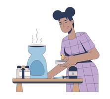 Aromatherapy with essential oils 2D illustration. Holistic healing. Stress relief. Black woman with candle and diffuser flat character isolated on white background. Colorful cartoon image vector