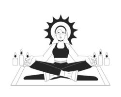 Meditation candlelight for inner peace outline illustration. Enlightenment. Meditating woman lotus pose cross-legged candles 2D line character isolated on white. Monochrome ink linear image vector
