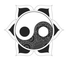 Yin yang mandala with sacred geometry line illustration concept. Taoism. Spiritual balance, harmony in Eastern philosophy yinyang outline 2D object isolated. Ink linear drawing art vector
