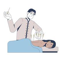 Acupuncture therapy for holistic healing 2D illustration. Tcm practitioner placing needles along female patient back flat characters isolated on white background. Colorful cartoon image vector