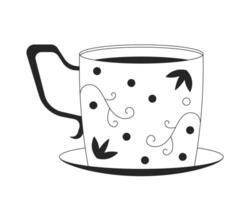 Elegant vintage teacup with floral patterns 2D line object. Tea cup with intricate retro decorations placed on saucer isolated clipart ink outline item. Monochrome spot illustration vector