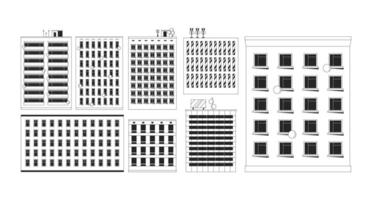 Highrise buildings in variety of architectural styles with antennas 2D line objects set. Downtown office apartments isolated cliparts ink outline items. Monochrome spot illustrations collection vector
