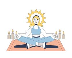 Meditation with candlelight for inner peace 2D illustration. Enlightenment. Meditating woman lotus pose cross-legged candles flat character isolated on white background. Colorful cartoon image vector
