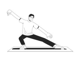 Asian man practicing tai chi for flexibility outline illustration. Qigong martial arts. Mindful guy stretching yoga pose on mat 2D line character isolated on white. Monochrome ink linear image vector