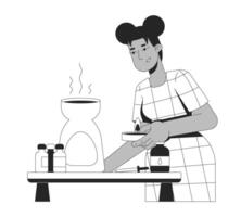 Aromatherapy with essential oils outline illustration. Holistic healing. Stress relief. Black woman with candle and diffuser 2D line character isolated on white. Monochrome ink linear image vector