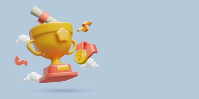 Winner awards background with a 3d style trophy gold medal and diploma scroll flying in the sky vector