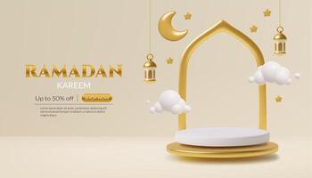 Gold and white Ramadan podium 3d realistic sale background design with crescent stars and lanterns vector