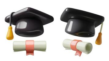 Graduation cap and university degree diploma 3d realistic icons set vector