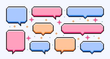 Colorful pixelated speech bubbles. Pixel art dialogue boxes in 8-bit style. illustration vector