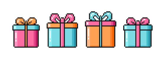 Set of gift boxes with colorful ribbon bows in pixel art style. Christmas and birthday presents. illustration vector