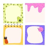 Set of colorful notes and memos for planner and journaling, flat illustration isolated on white background. Cute cartoon stickers for diary, square notepad elements. vector