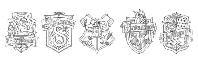 Harry Potter logo collection in outline doodle style. Gryffindor, Slytherin, Ravenclaw and Hufflepuff. Hogwarts Legacy game. Magic school of witchcraft and wizardry. vector