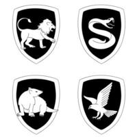 Set of animal emblems in cartoon doodle style. School of witchcraft and wizardry. Magic illustration isolated on white background. vector