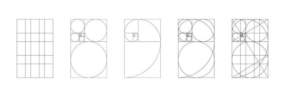 Golden ratio minimalist set. Method golden section mockups. Fibonacci array, numbers shapes. Harmony proportions frames template. Outline graphic illustration. Collection of harmony proportions grids vector