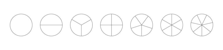 Circle division on from 1 to 7 equal parts. Round divided diagrams with from one to seven segments. Segmented pinwheel black icon. Infographic set. Coaching blanks. Outline graphics. Pizza, pie charts vector