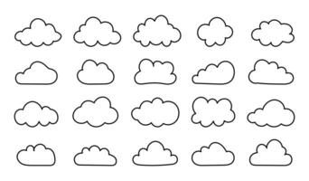 Doodle fluffy clouds. Flat outline clouds. Puffy, cumulus clouds shapes. Cloudy forms simple mockups. Weather element minimalist templates. Objects cloudscape layouts. Hand drawn black cute icons. vector