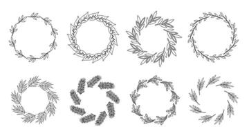 Set of round wreath with twigs and leaves. Black and white linear illustration. Plant garland with empty space for text. Contour drawing different branches in circle. vector
